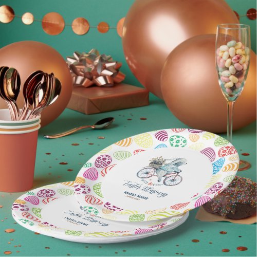 Cute Easter Bunny on a Bike Easter Eggs Background Paper Plates