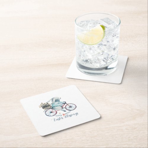 Cute Easter Bunny on a Bike Square Paper Coaster