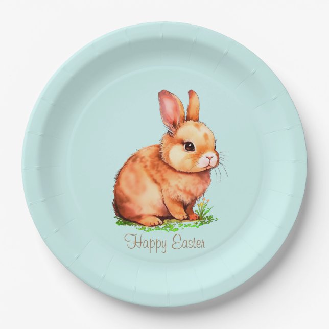 Cute Easter Bunny on Light Blue Paper Plates (Front)