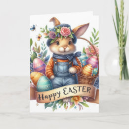 Cute Easter Bunny Overalls Illustration Holiday Card