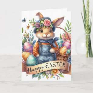 Cute Easter Bunny Overalls Illustration Holiday Card