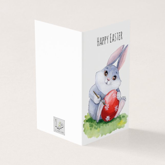       Cute Easter Bunny Painting Egg Holiday Card (Outside)