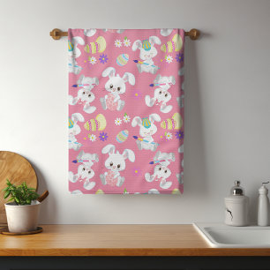 Cute Easter Bunny Painting Egg Pink Spring Floral Kitchen Towel