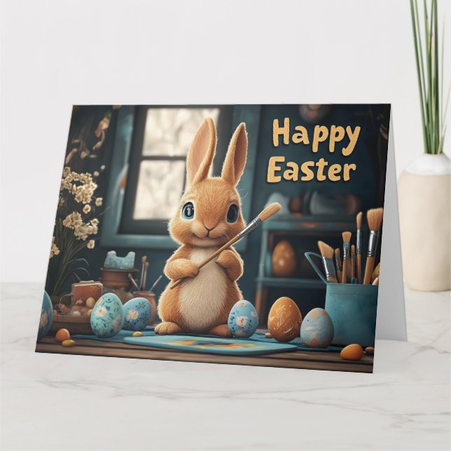 Cute Easter Bunny Painting Eggs: Springtime Art Card (Front)