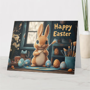 Cute Easter Bunny Painting Eggs: Springtime Art Card