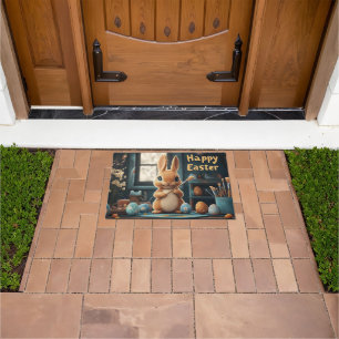 Cute Easter Bunny Painting Eggs: Springtime Art Doormat