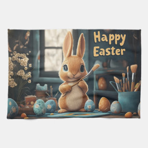 Cute Easter Bunny Painting Eggs: Springtime Art Kitchen Towel