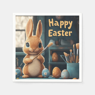 Cute Easter Bunny Painting Eggs: Springtime Art Napkins