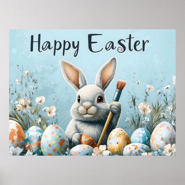 Cute Easter Bunny Painting Eggs: Springtime Art Poster (Front)