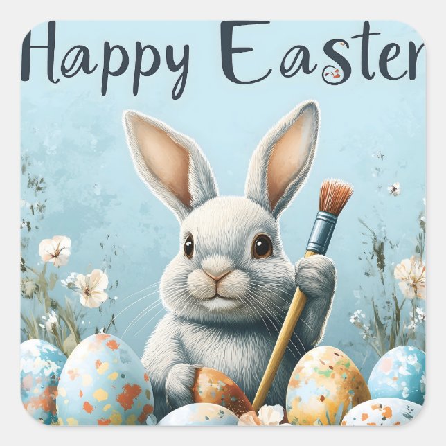 Cute Easter Bunny Painting Eggs: Springtime Art Square Sticker (Front)
