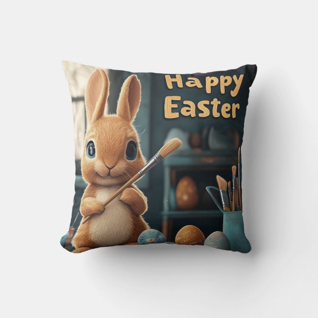 Cute Easter Bunny Painting Eggs: Springtime Art Throw Pillow (Front)