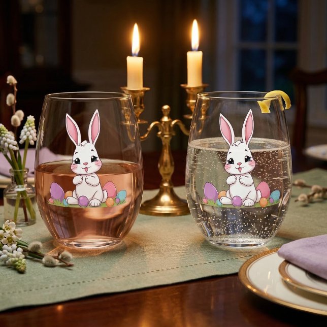 Cute Easter Bunny & Pastel Easter Eggs  Stemless Wine Glass (Creator Uploaded)
