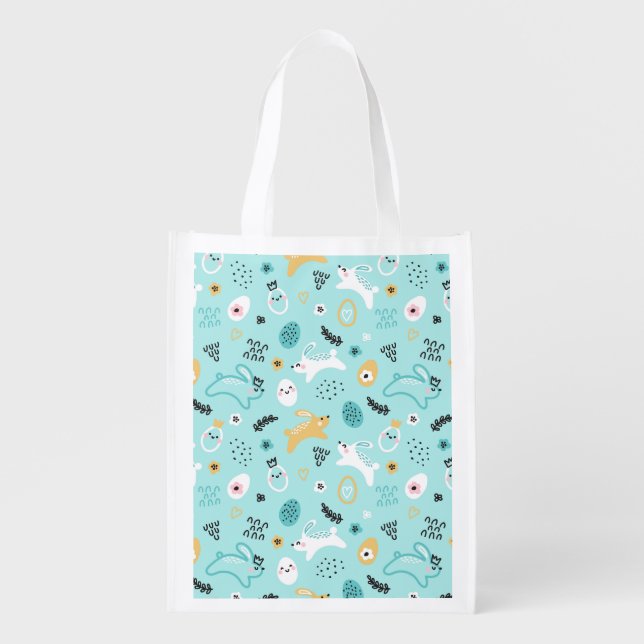 Cute Easter Bunny Pattern Kawaii Rabbits Eggs  Grocery Bag (Front)