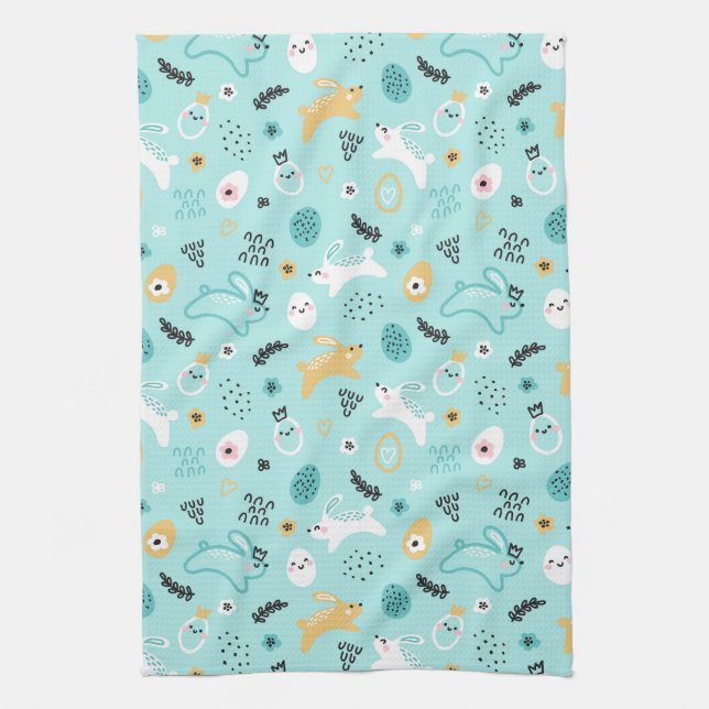 Cute Easter Bunny Pattern Kawaii Rabbits Eggs  Kitchen Towel (Vertical)