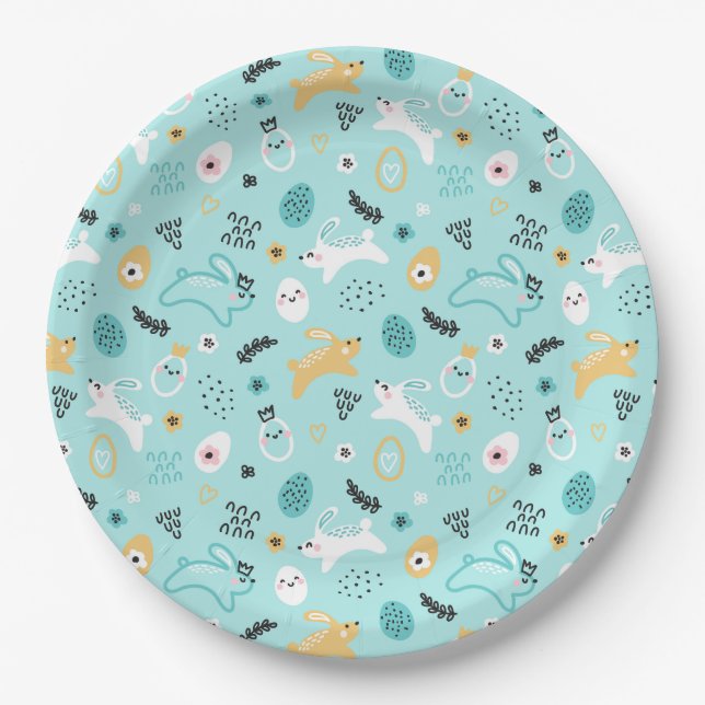Cute Easter Bunny Pattern Kawaii Rabbits Eggs  Paper Plates (Front)