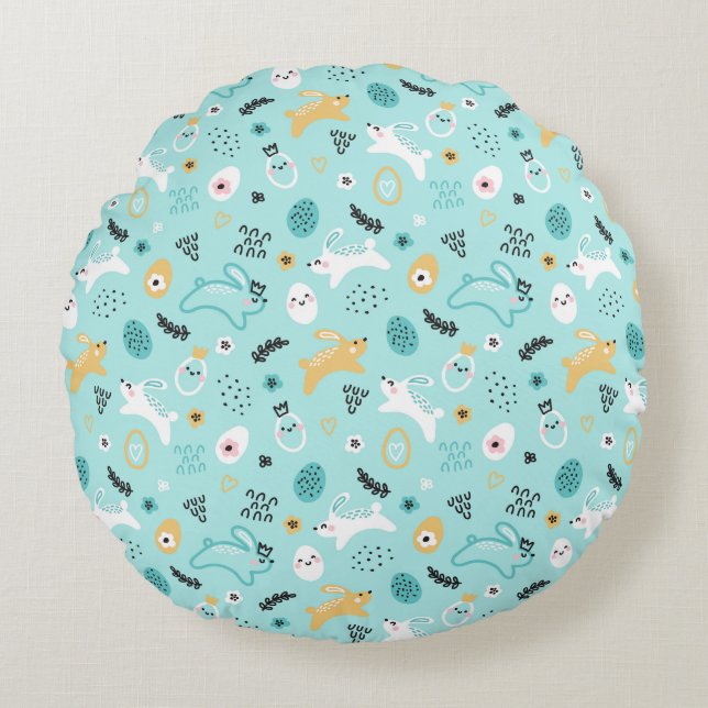 Cute Easter Bunny Pattern Kawaii Rabbits Eggs  Round Pillow (Front)
