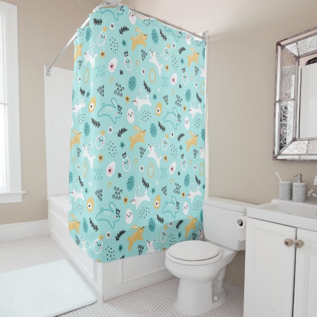 Cute Easter Bunny Pattern Kawaii Rabbits Eggs  Shower Curtain (In Situ)