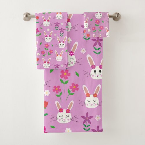 Cute Easter bunny pattern with flowers on Pink  Bath Towel Set