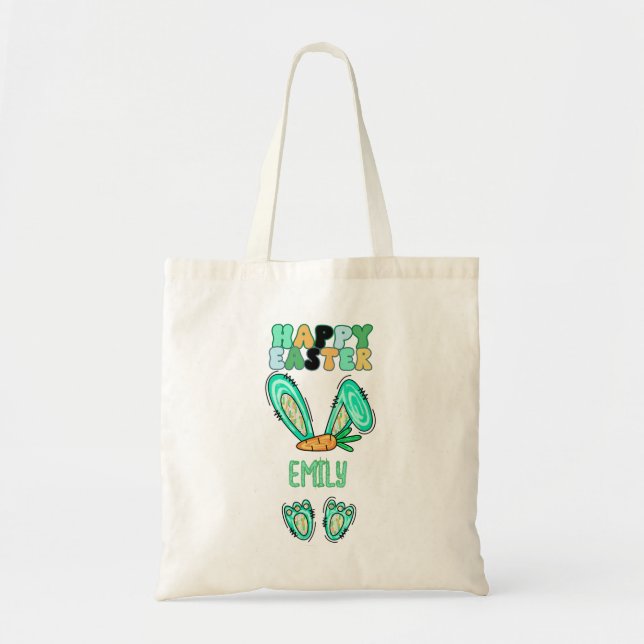 Cute Easter Bunny Personalize Name Green  Tote Bag (Front)
