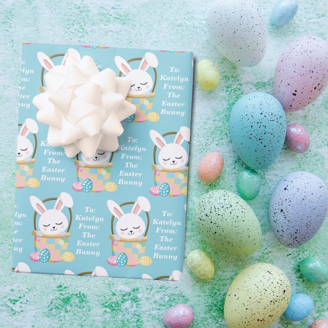 Cute Easter Bunny Personalized Baby Blue Wrapping Paper Sheets (Creator Uploaded)