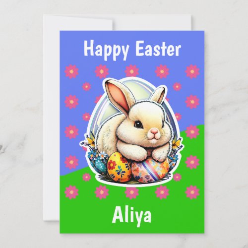 Cute Easter Bunny Pink Flower Pattern Easter Card