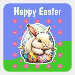 Cute Easter Bunny Pink Flower Pattern Square Sticker