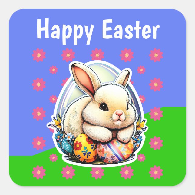 Cute Easter Bunny Pink Flower Pattern Square Sticker (Front)