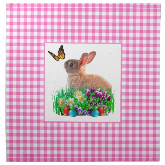 Cute Easter Bunny Pink Gingham Cloth Napkin (Front)
