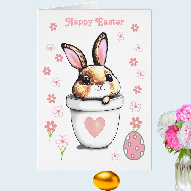 Cute Easter Bunny Plant Pot & Pink Flowers Cards (Creator Uploaded)