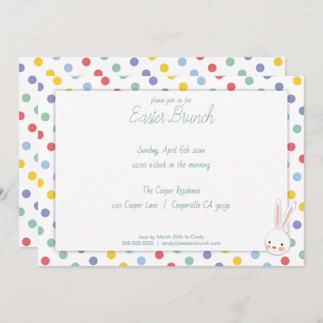 Cute Easter Bunny Polka Dot Brunch Invitation (Front/Back)