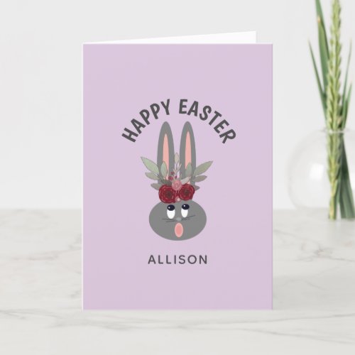 Cute Easter Bunny Purple Floral Personalized Holiday Card