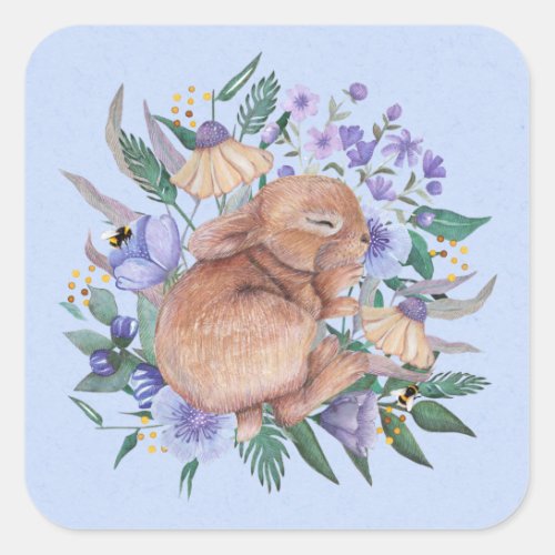 Cute Easter Bunny Purple Florals Napkins Square Sticker