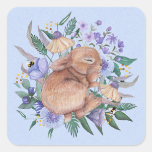 Cute Easter Bunny Purple Florals Napkins Square Sticker