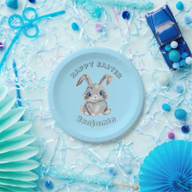 Cute Easter Bunny Rabbit Boys Name Blue Paper Plates (Party)