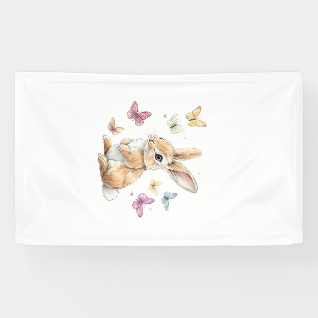 Cute Easter Bunny Rabbit Butterfly T-Shirt Banner (Horizontal)