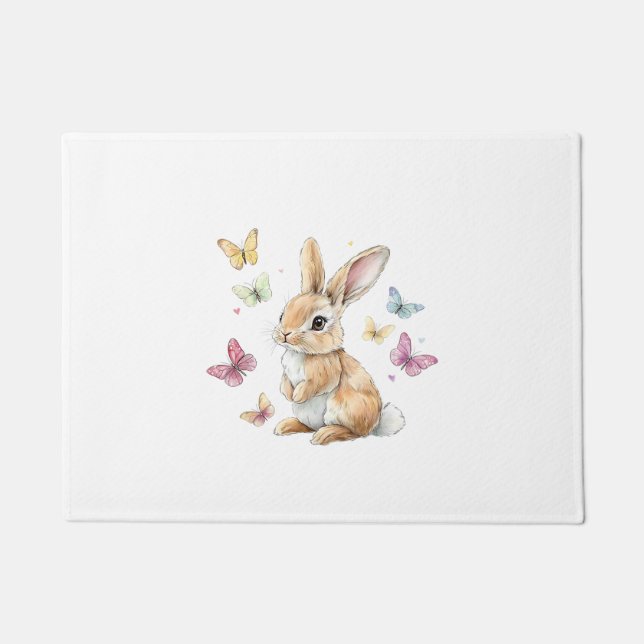 Cute Easter Bunny Rabbit Butterfly T-Shirt Doormat (Front)