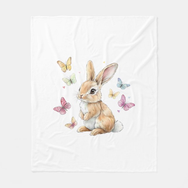 Cute Easter Bunny Rabbit Butterfly T-Shirt Fleece Blanket (Front)