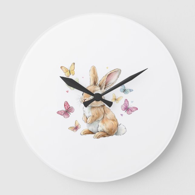 Cute Easter Bunny Rabbit Butterfly T-Shirt Large Clock (Front)