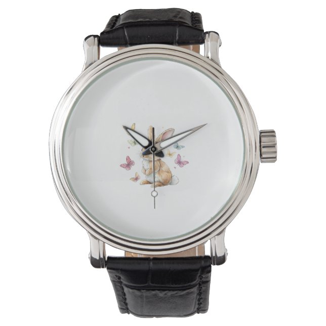 Cute Easter Bunny Rabbit Butterfly T-Shirt Watch (Front)