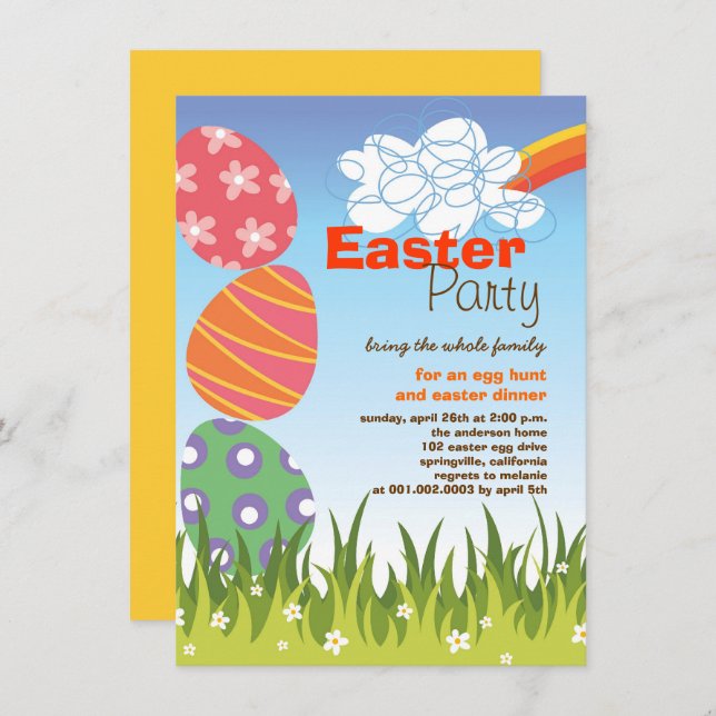 Cute Easter Bunny Rabbit Eggs Rainbow Party Invite (Front/Back)