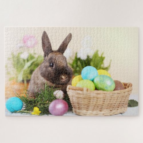 Cute Easter Bunny Rabbit Floral Basket Jigsaw Puzzle