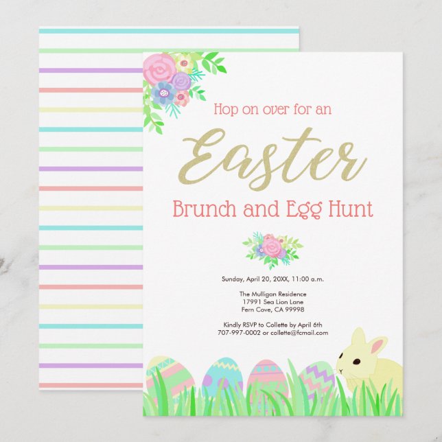 Cute Easter Bunny Rabbit Floral Brunch Egg Hunt Invitation (Front/Back)