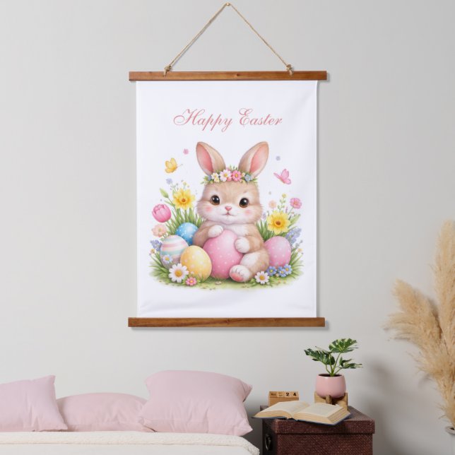Cute Easter Bunny Rabbit Pink Blush Peony Hanging Tapestry (Bedroom)