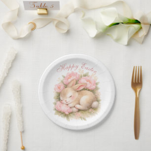 Cute Easter Bunny Rabbit Pink Blush Peony Paper Plates