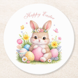 Cute Easter Bunny Rabbit Pink Blush Peony Round Paper Coaster