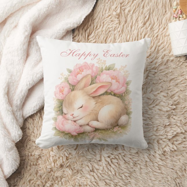 Cute Easter Bunny Rabbit Pink Blush Peony Throw Pillow (Blanket)