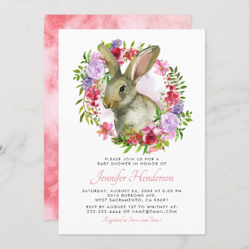 Cute Easter Bunny Rabbit Pink Floral Baby Shower Invitation