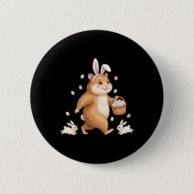 Cute Easter Bunny Rabbit With Eggs Whimsical Hamst Button (Front)