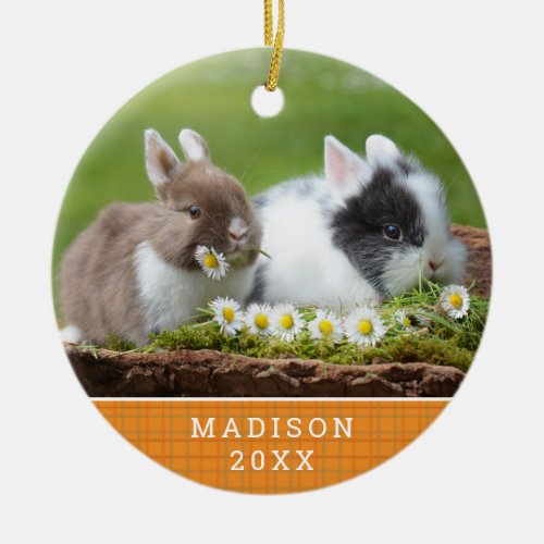 Cute Easter Bunny Rabbits Daisy Personalized Ceramic Ornament