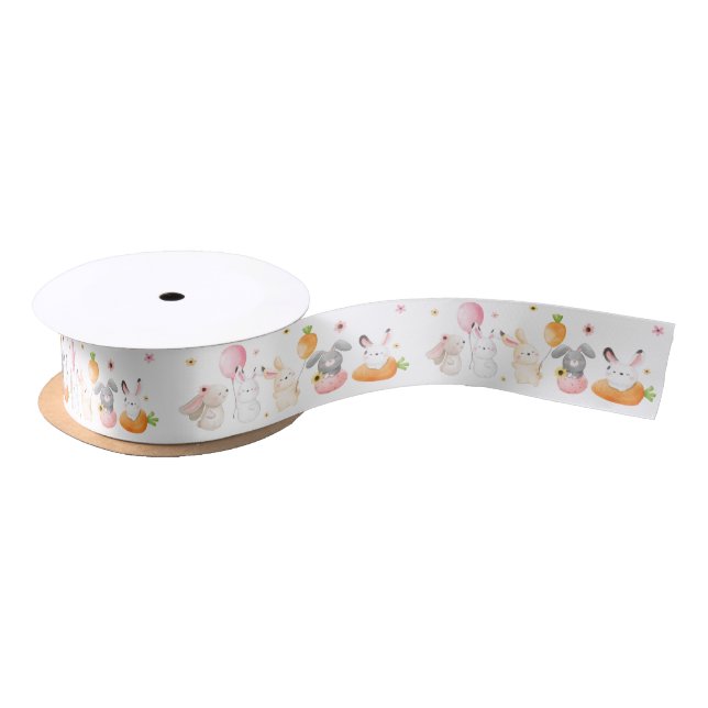 Cute Easter Bunny Rabbits Spring Flowers Carrots Satin Ribbon (Spool)